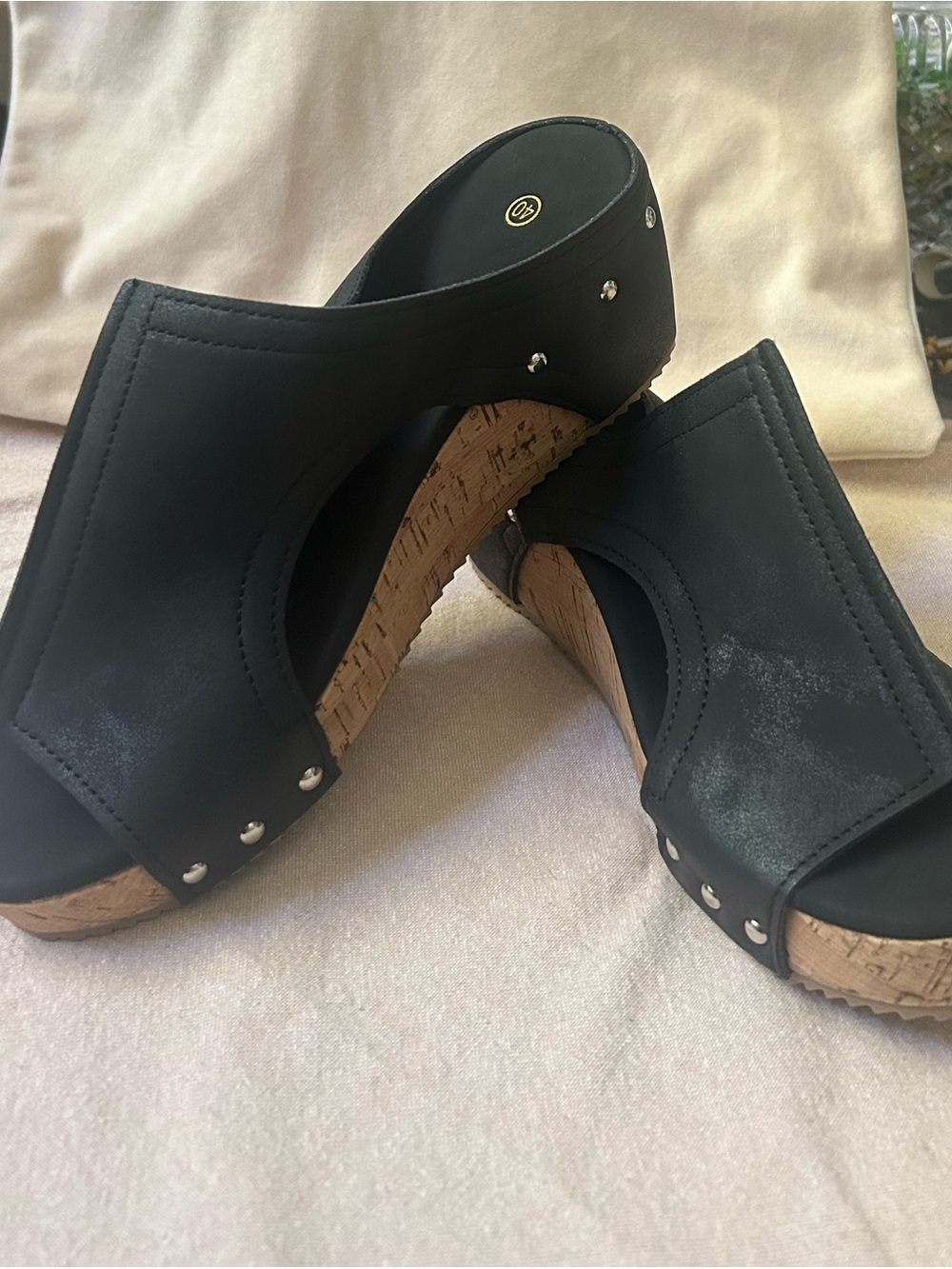 Black Cork Wedge Slide Sandals with Stud Detail
